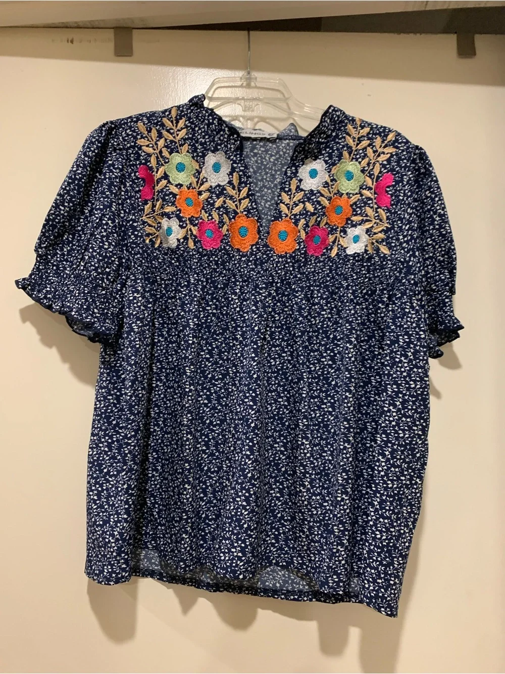 Navy Floral Embroidered Short Sleeve Blouse - Picture 1 of 5